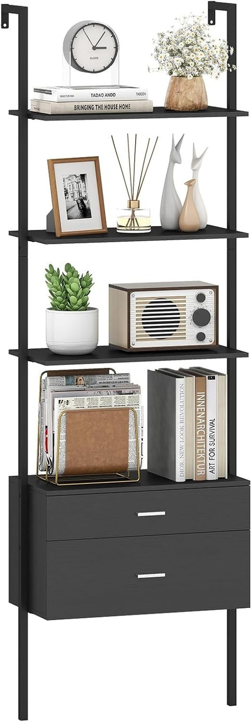 6 Tier Ladder Shelf Wall Mounted Bookcase with Drawers Metal Wood