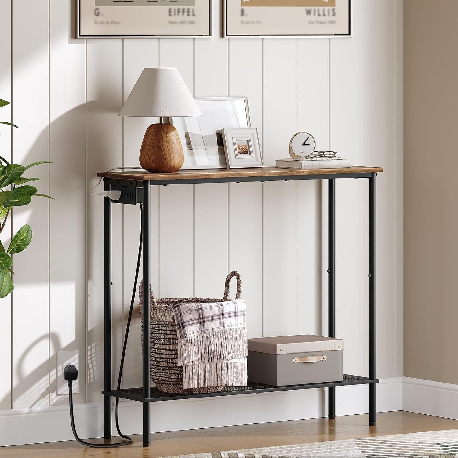 Slim Console Table with Power Outlet & Storage Shelf for Entryway & Living Room