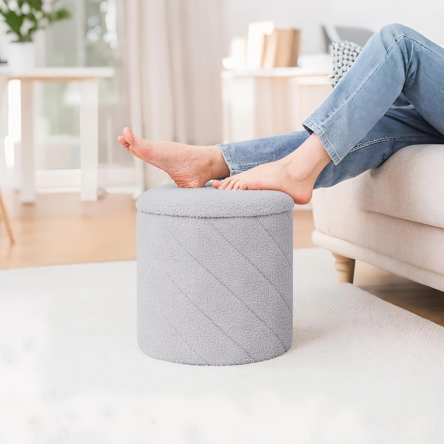 Grey Boucle Round Storage Ottoman Stool Folding Footrest Vanity Seat