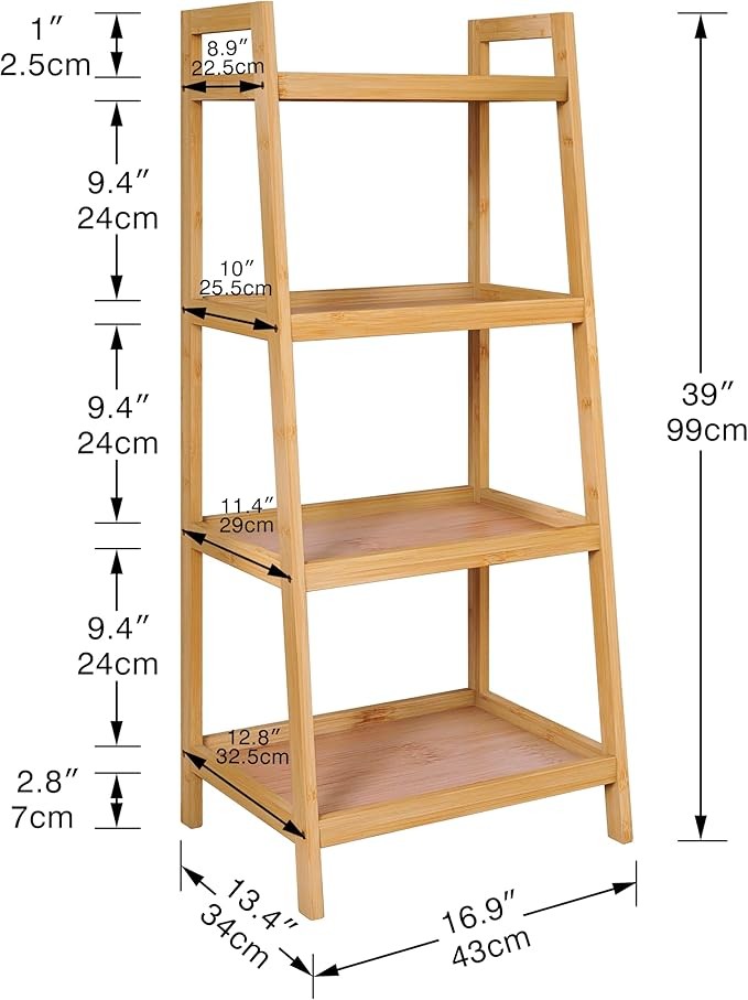 4 Tier Bamboo Ladder Shelf Freestanding Storage Rack for Living Room & Bathroom
