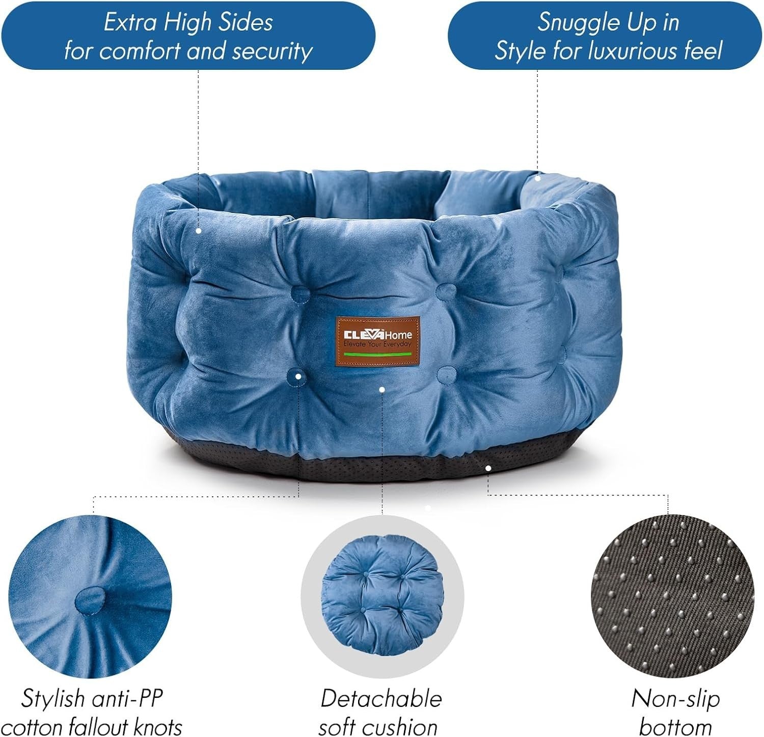 Deep Nest Cat Bed Round Plush Velvet Pet Bed High Sides Non Slip