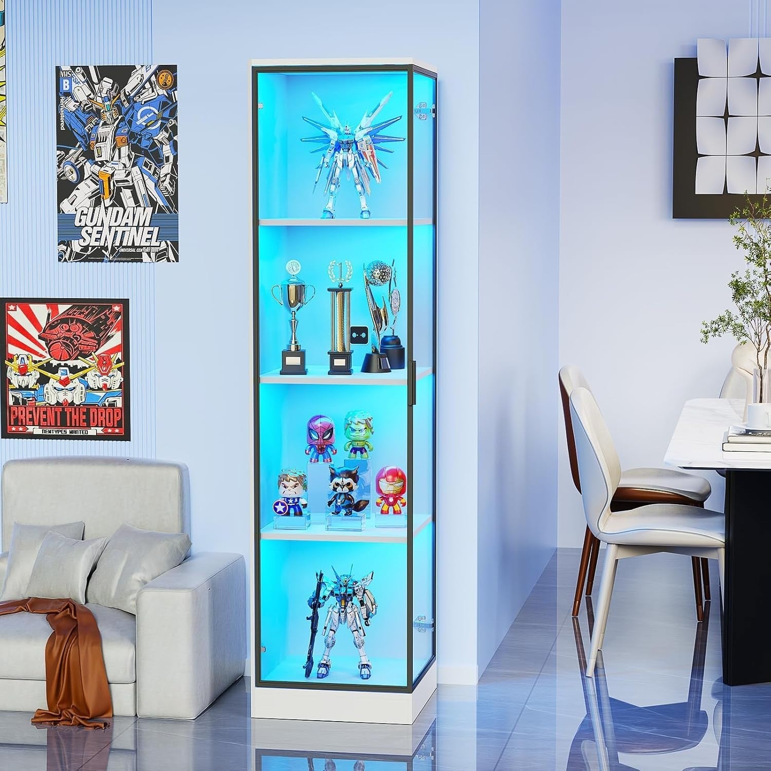 Corner Display Cabinet with LED Lights & Magnetic Lock, Human Sensor, 62.9" Tall