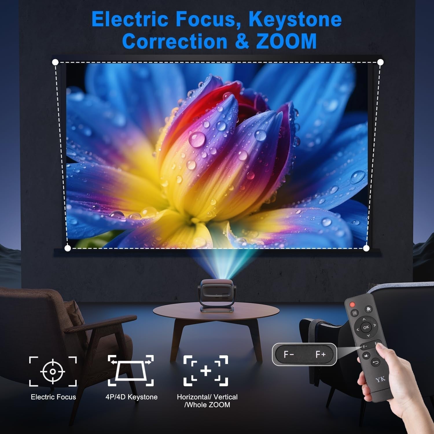 Smart 1080P Projector WiFi 6 Bluetooth 4K Support 26000L 180°