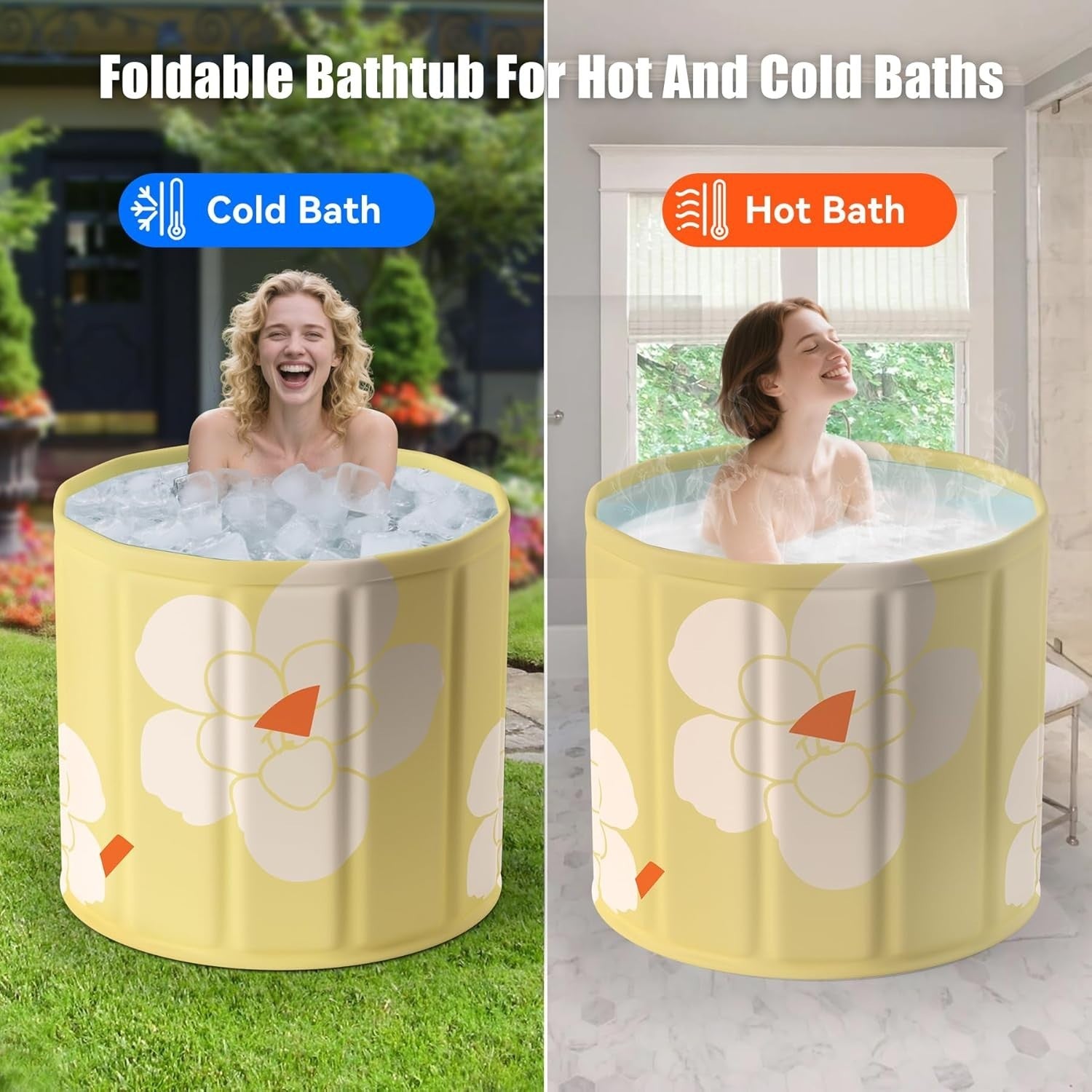 Portable Foldable Adult Bathtub 70x65cm | Ice & Hot Recovery Tub – Yellow