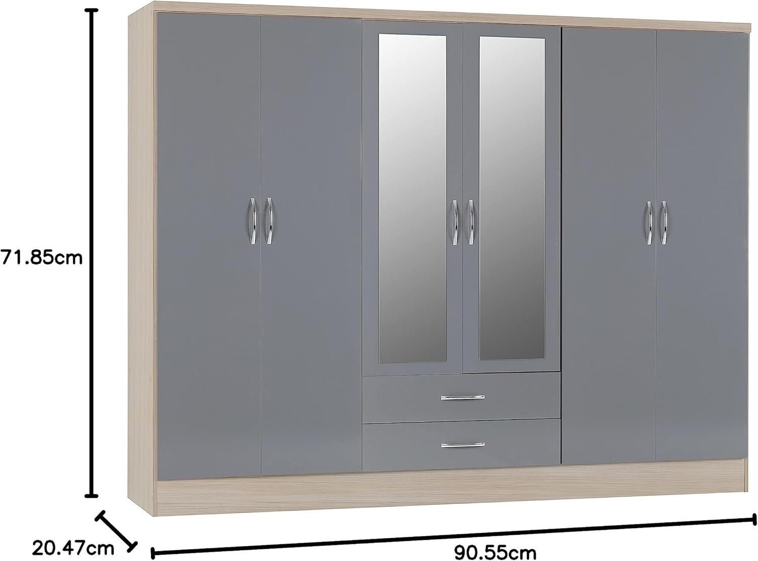 Large 6-Door Grey & Oak Wardrobe with Mirrors & 2 Drawers | Secure Storage