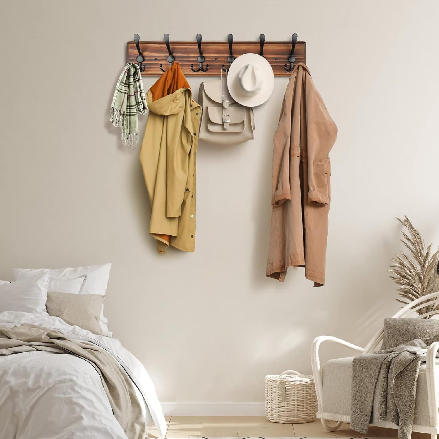 Wooden Wall Mounted Coat Rack | 6 Hook Heavy Duty Hanger for Hallway & Entryway