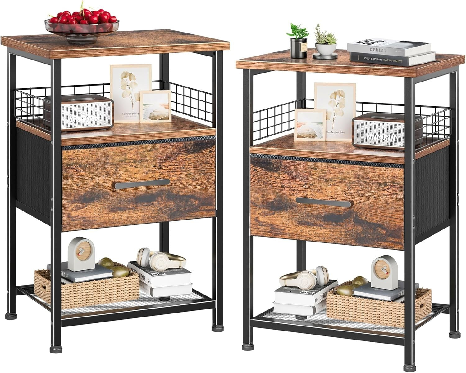 Set of 2 Rustic Brown Bedside Tables with Drawers & Shelves