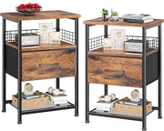 Set of 2 Rustic Brown Bedside Tables with Drawers & Shelves