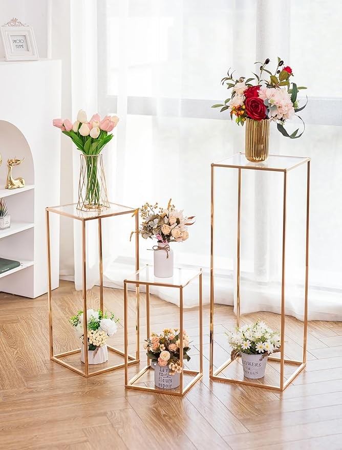 3 Pcs Gold Metal Flower Stand Set Tall Geometric Wedding Party Display Stands