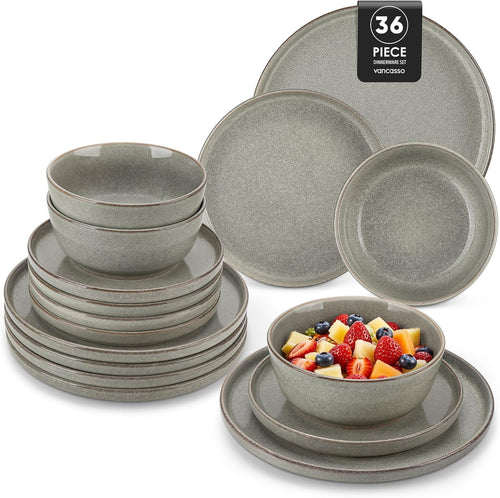 36pc Ceramic Dinner Set Brown Plates Bowls Microwave Dishwasher Safe