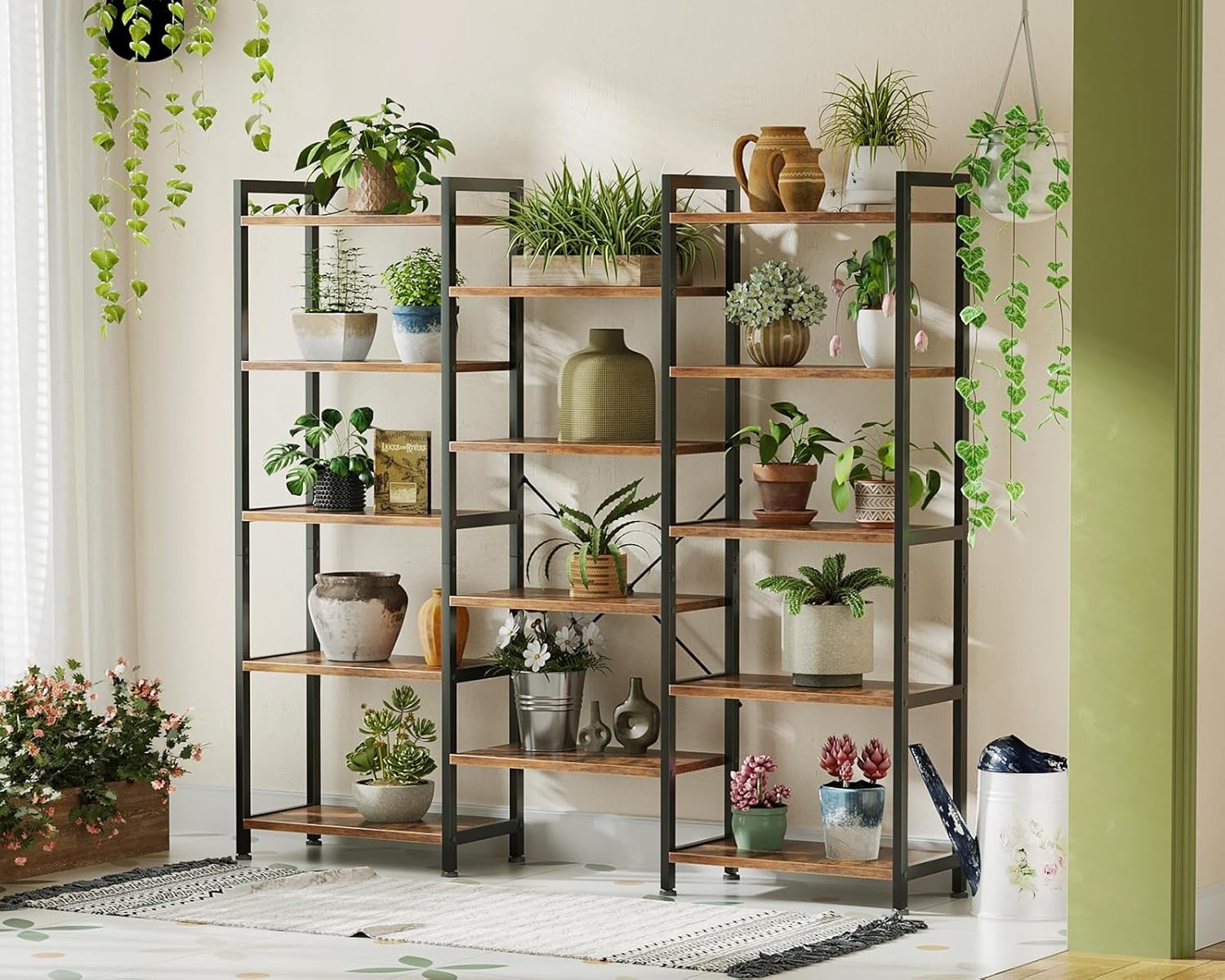 5 Tier Triple Bookshelf Industrial 14 Shelf Wide Bookcase Rustic Brown Metal