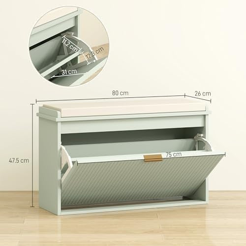 Green Shoe Storage Bench with Cushion & Flip Drawer – Modern Hallway Unit
