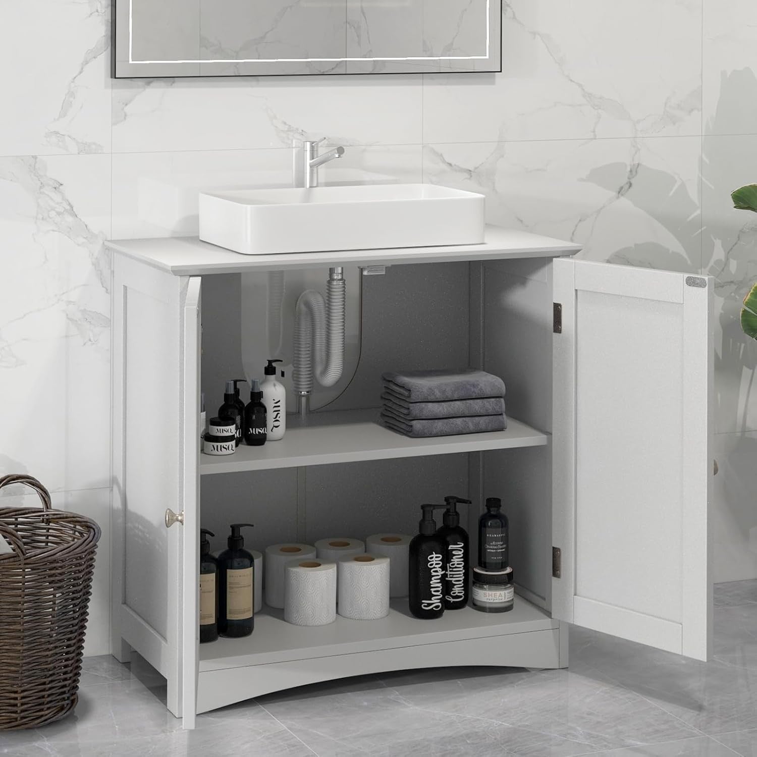 Under Sink Bathroom Cabinet Storage Unit 2 Door Cupboard 60x30x60cm White