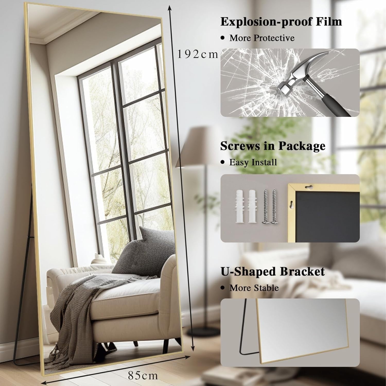 Large Full Length Floor Mirror 192x85cm Gold Frame 3-Way Install