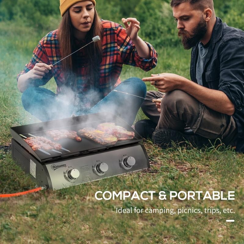 3 Burner Gas Plancha Grill Tabletop BBQ with Regulator, Hose & Non-Stick Top