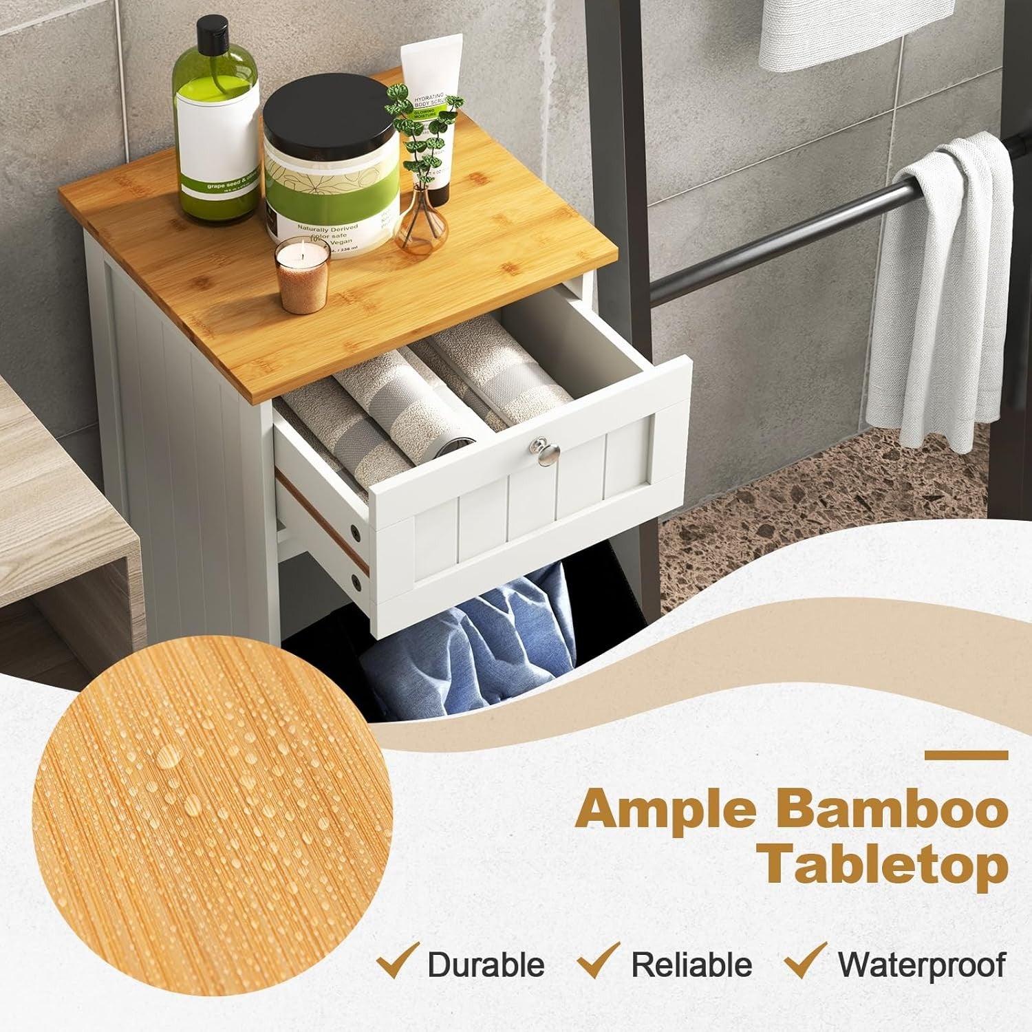 White Tilt-Out Laundry Cabinet with Drawer & Removable Hamper | Freestanding Bat