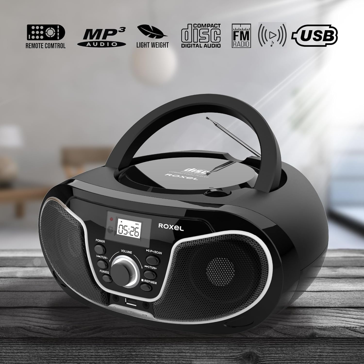 Portable Boombox CD Player Bluetooth FM Radio USB AUX Remote 8W