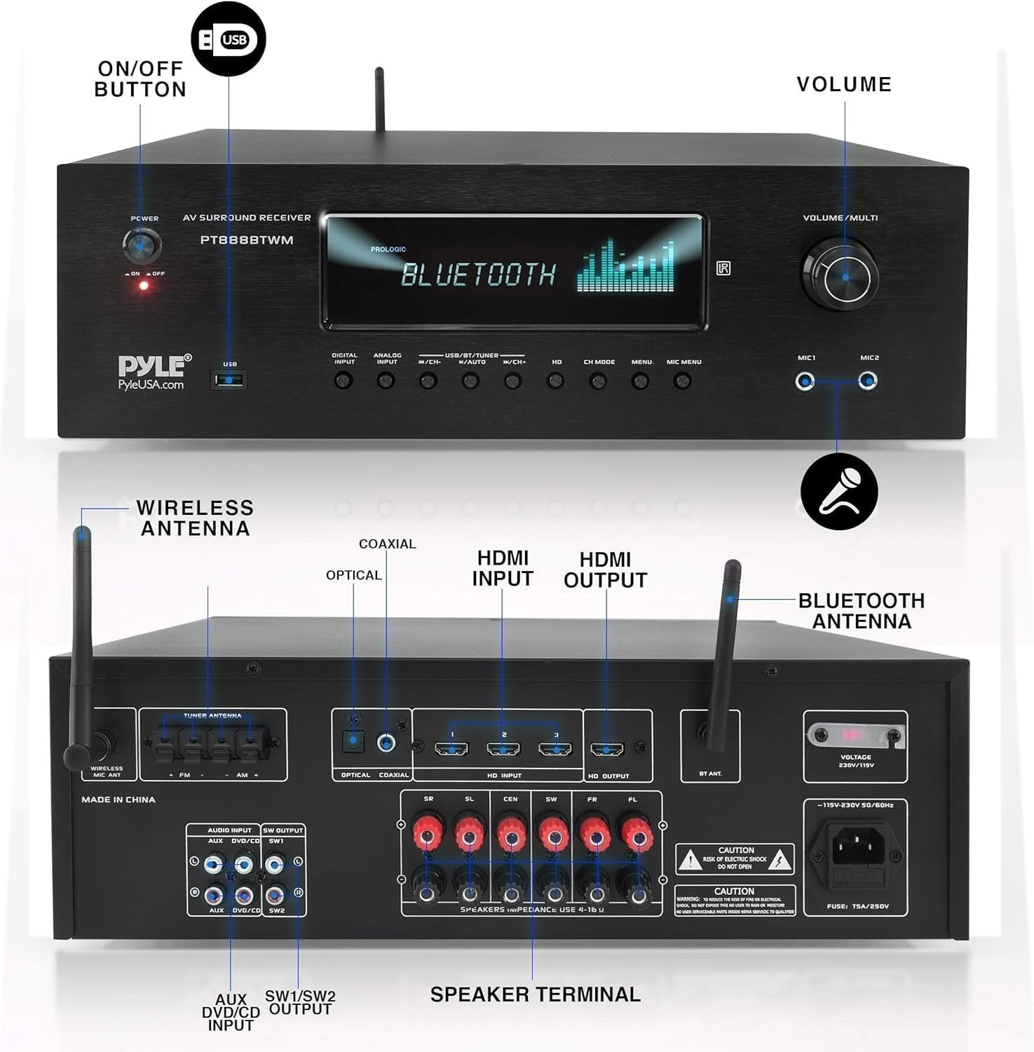 1000W Home Theater Receiver 5.2-Ch Bluetooth 4K HDMI Stereo Amp