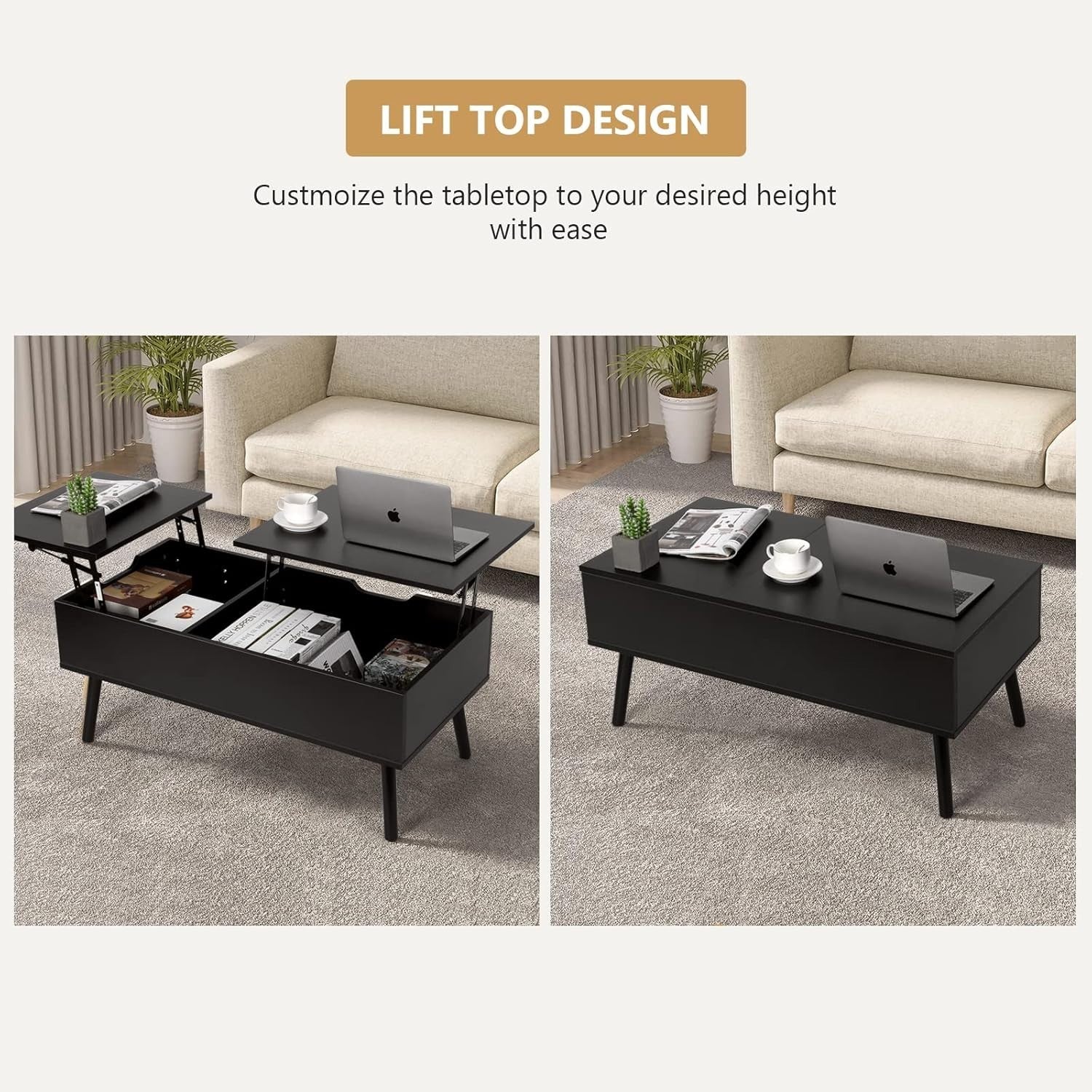 Black Lift Top Coffee Table with Hidden Storage & Dual Work Surfaces