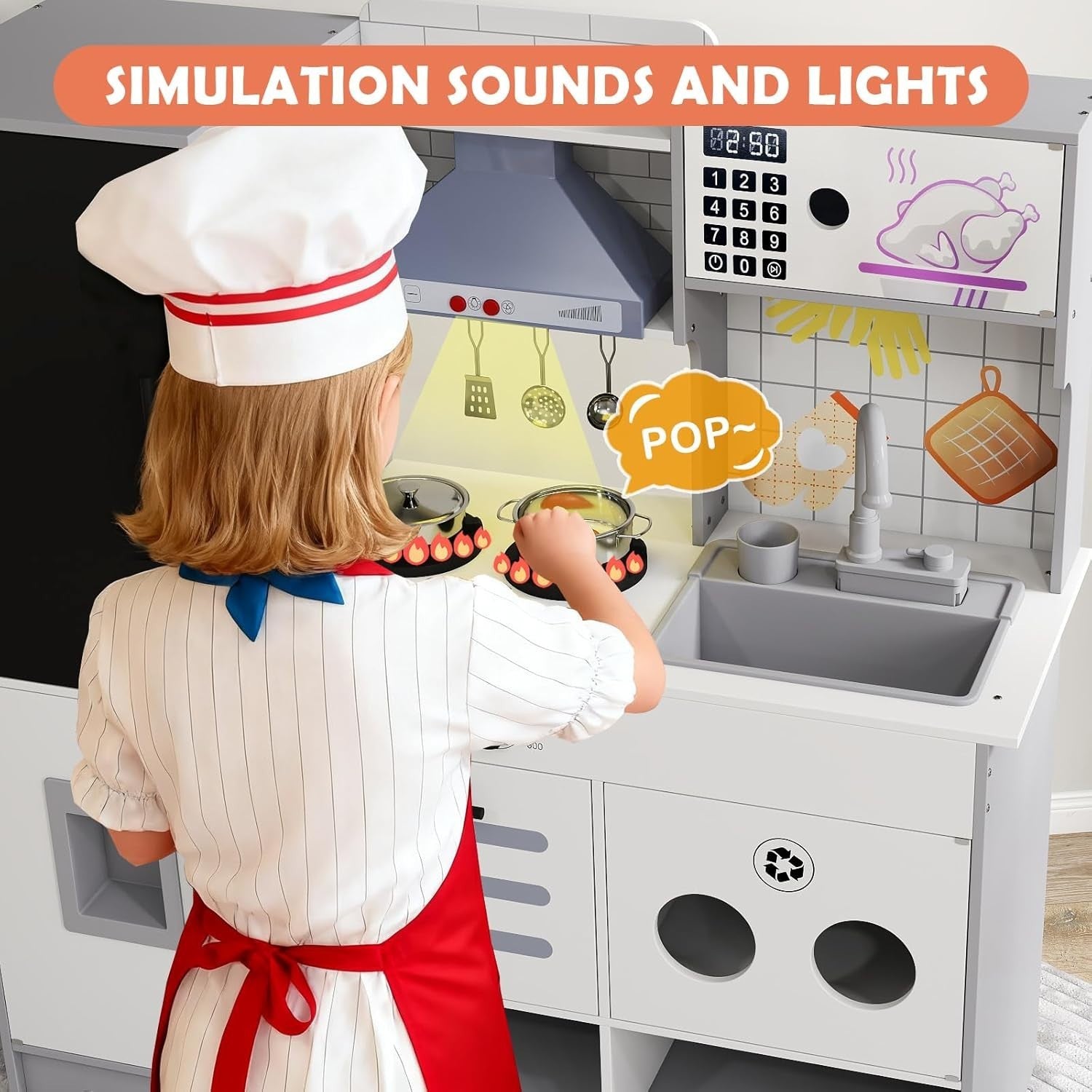 Large Wooden Kids Play Kitchen Lights Sounds Ice Maker Chalkboard