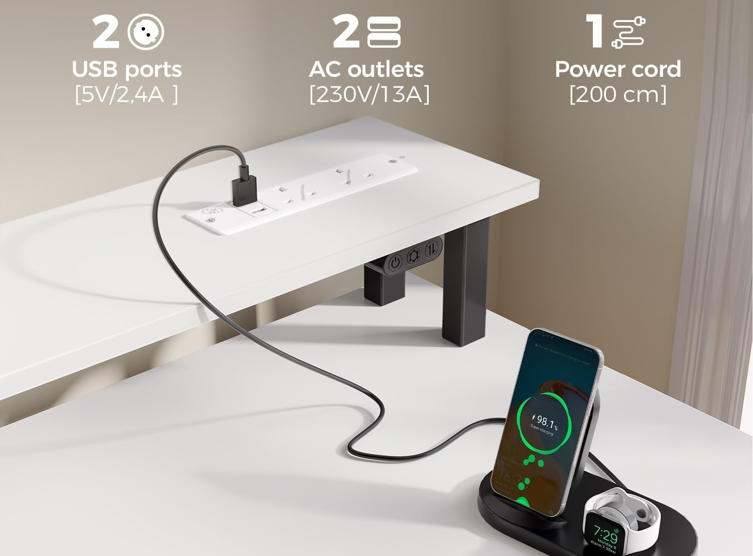 White 120cm Computer Desk with Drawers, LED Lights & Power Outlets