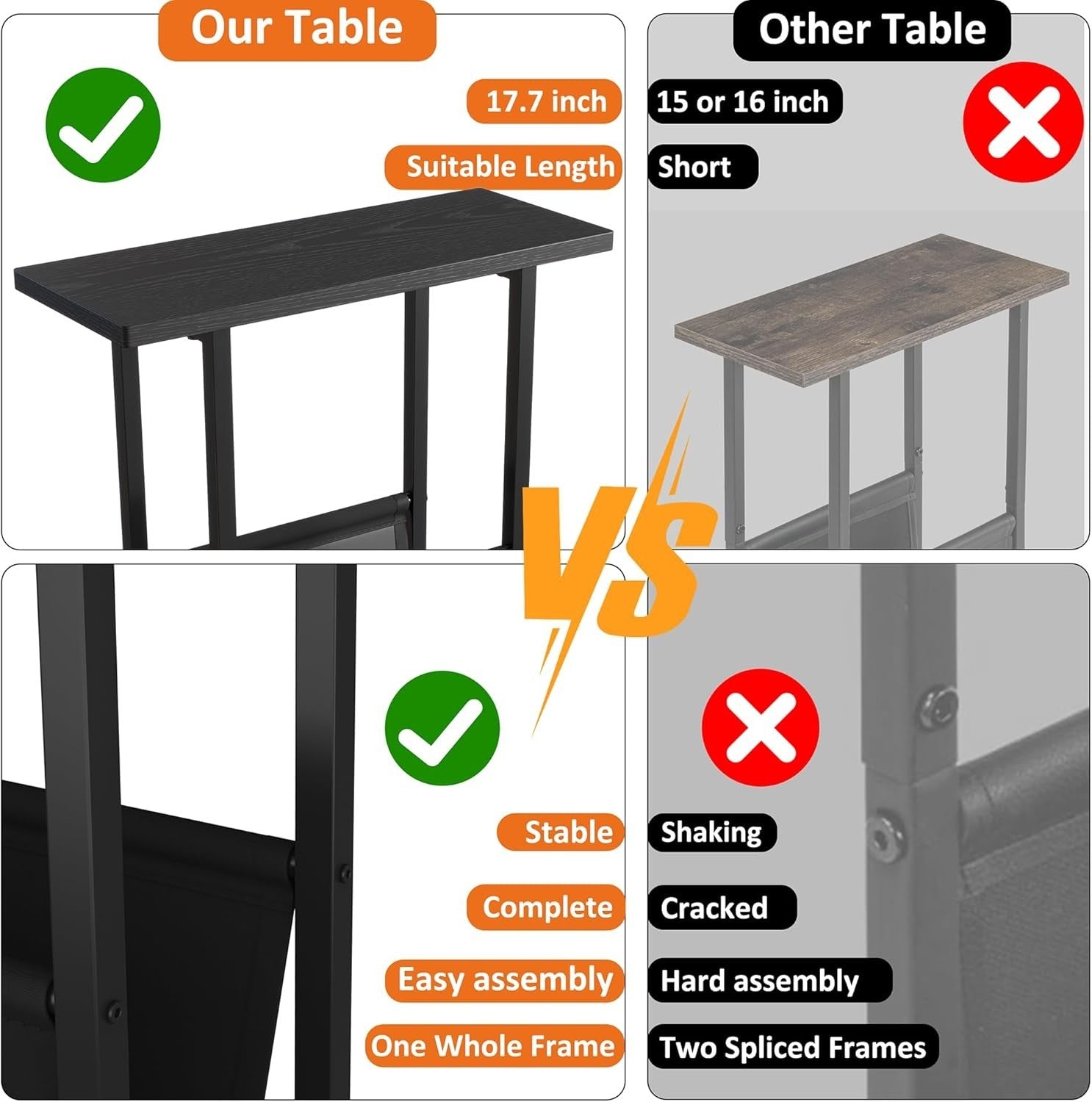 Narrow Black Side Table with Storage Bag Slim Sofa Bedside Small Space 18x45x54