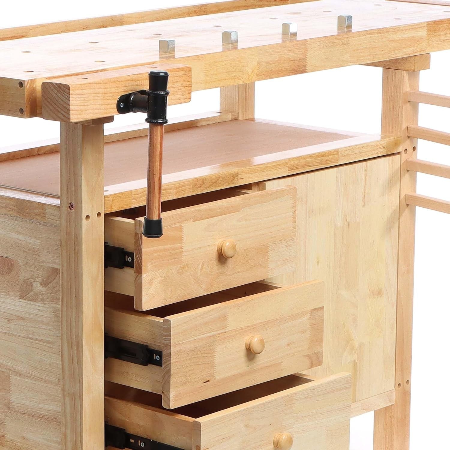 Wooden Planing Bench 126x50x84cm Workbench w/ Vices Hooks Drawers Storage