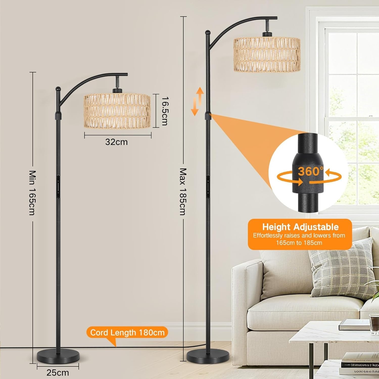 Boho Floor Lamp Rattan Linen Double Shade Dimmable Touch Remote Adjustable