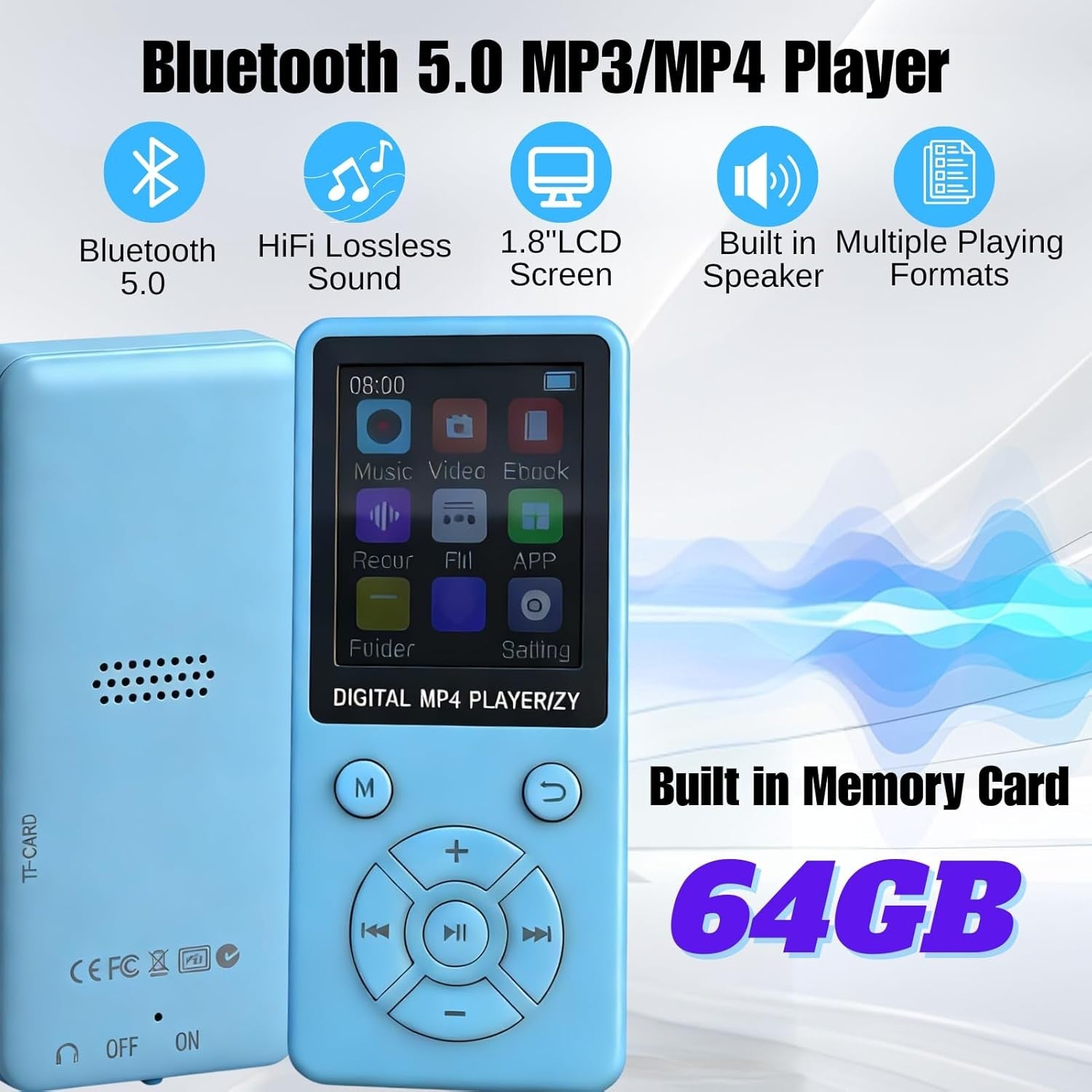 64GB Bluetooth 5.0 MP3 MP4 Player 1.8" LCD FM Radio Blue