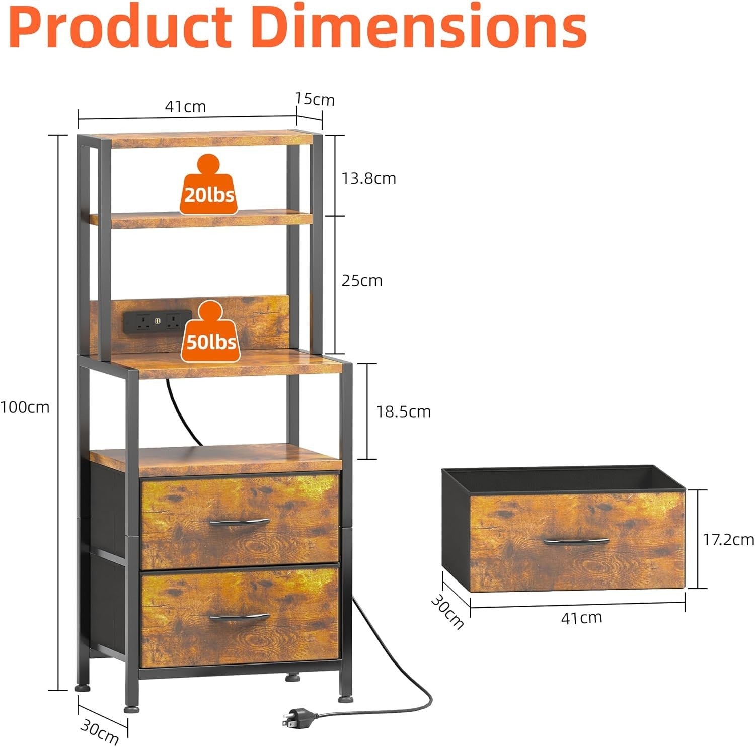 Rustic Brown Bedside Table with Charging Station & LED Light, 2 Drawers Modern