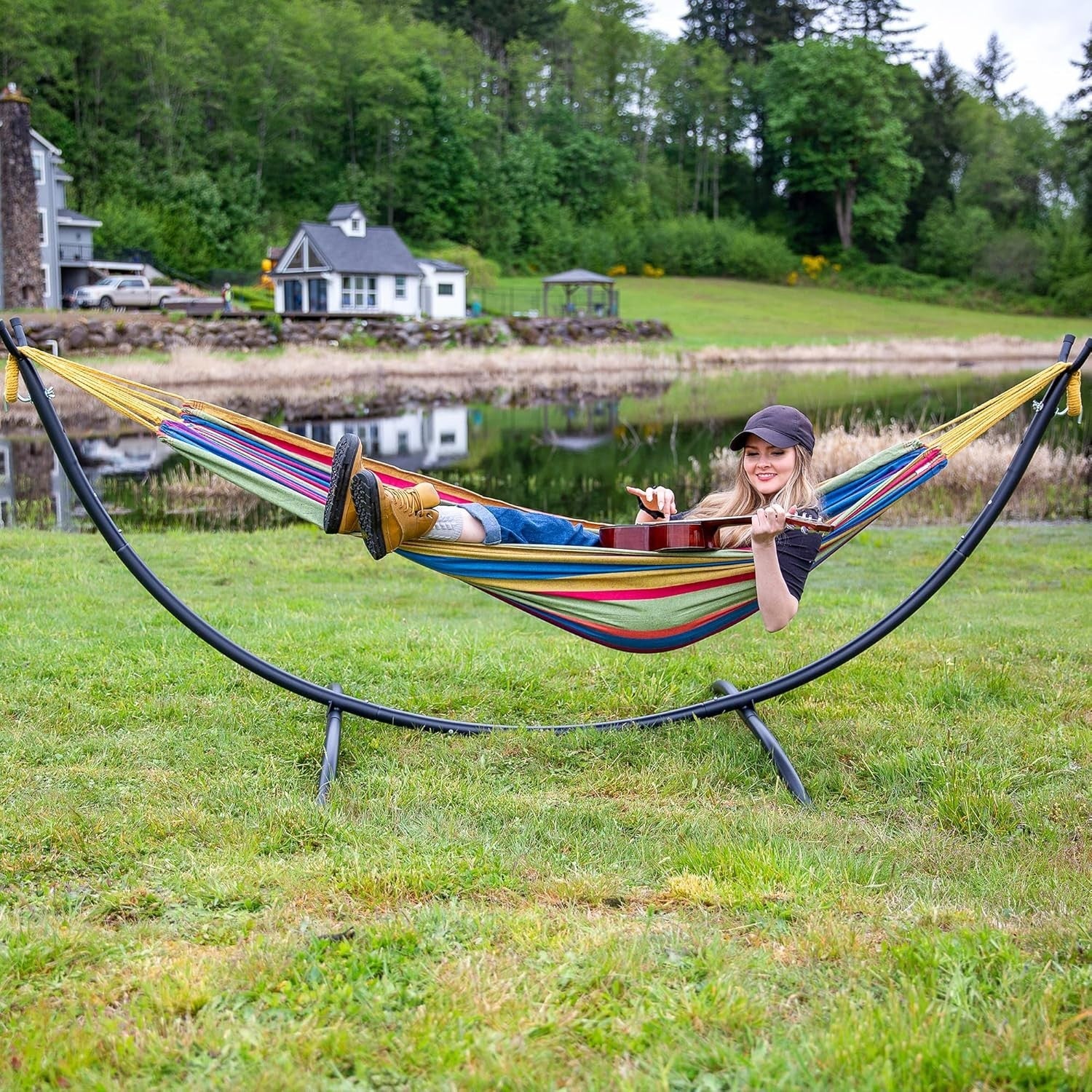 2 Person Hammock with Stand | 475lb Capacity | Portable Outdoor Bed | Rainbow