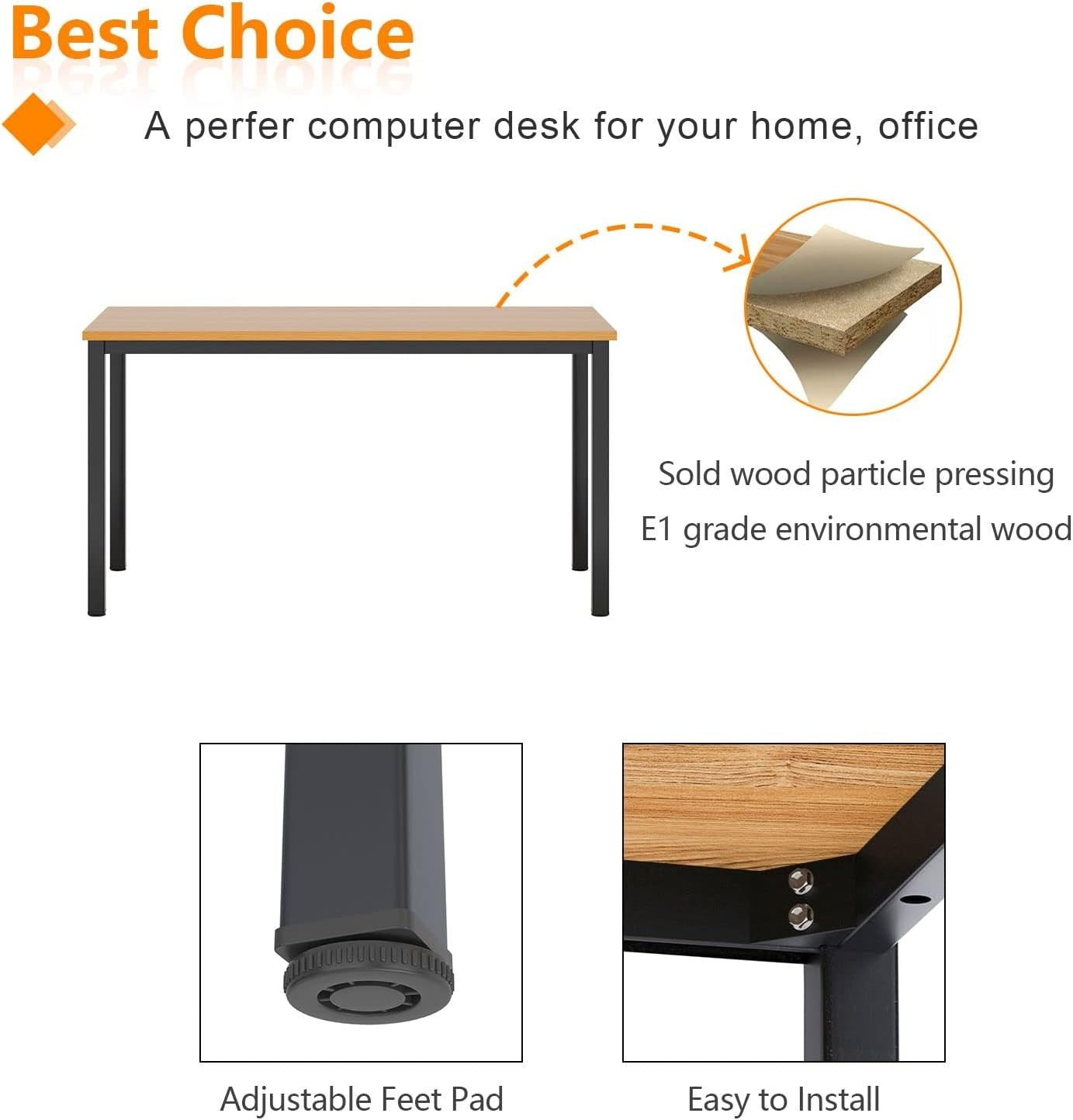 Teak & Black Computer Desk 80x40cm Metal Frame Home Office Table