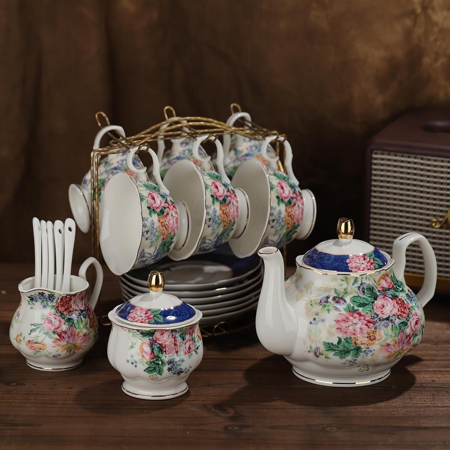 15 Piece Bone China Tea Set Floral Teapot Cups Saucers Vintage Afternoon Tea