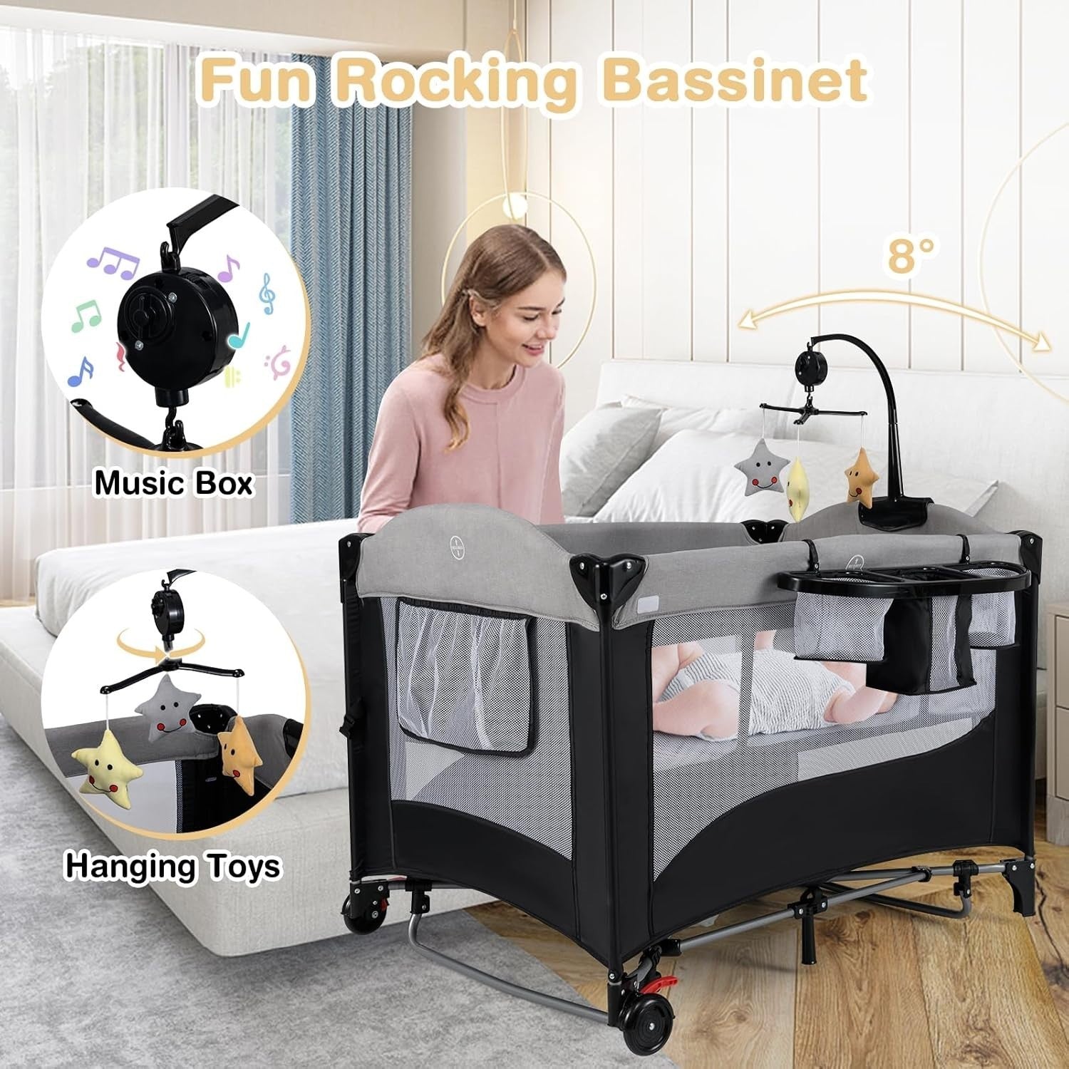 5in1 Travel Cot Baby Bedside Foldable Crib Bassinet Portable Playard Black Grey
