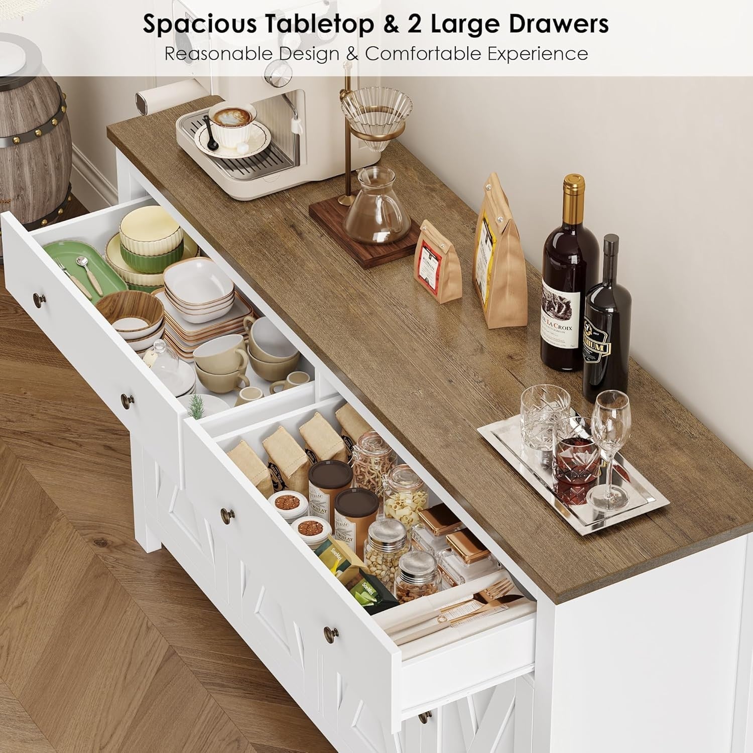 White Kitchen Sideboard Cabinet 3 Doors 2 Drawers Adjustable Shelves Large