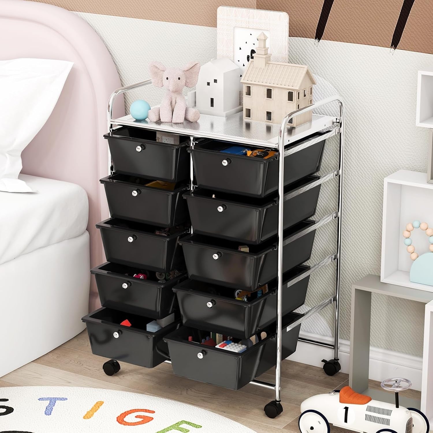 Mobile 10 Drawer Storage Trolley Cart Utility Organizer with Wheels Black