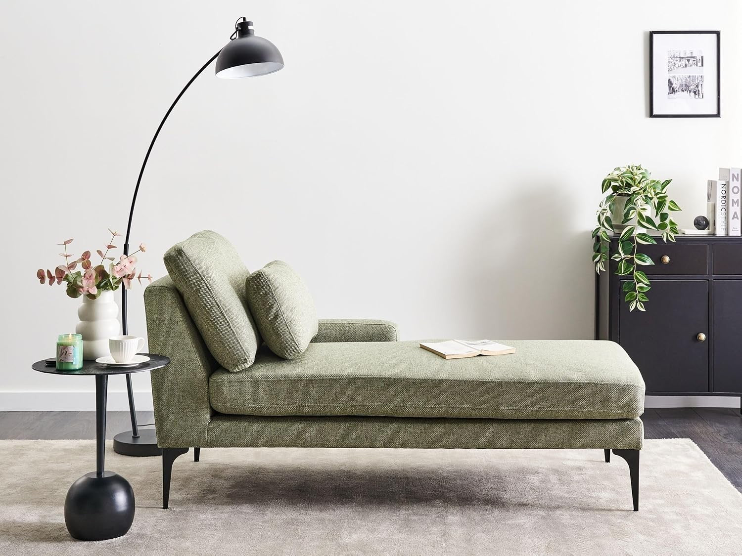 Modern Left Hand Green Chaise Lounge Fabric Upholstery Metal Legs with Cushions