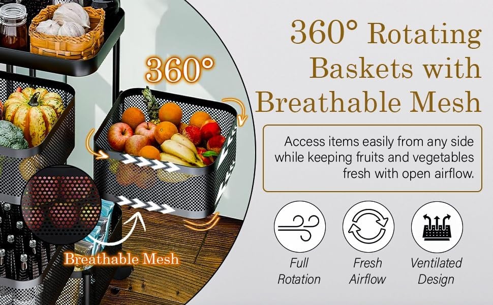 5 Tier Rotating Storage Trolley on Wheels Kitchen Bathroom Basket Rack Black