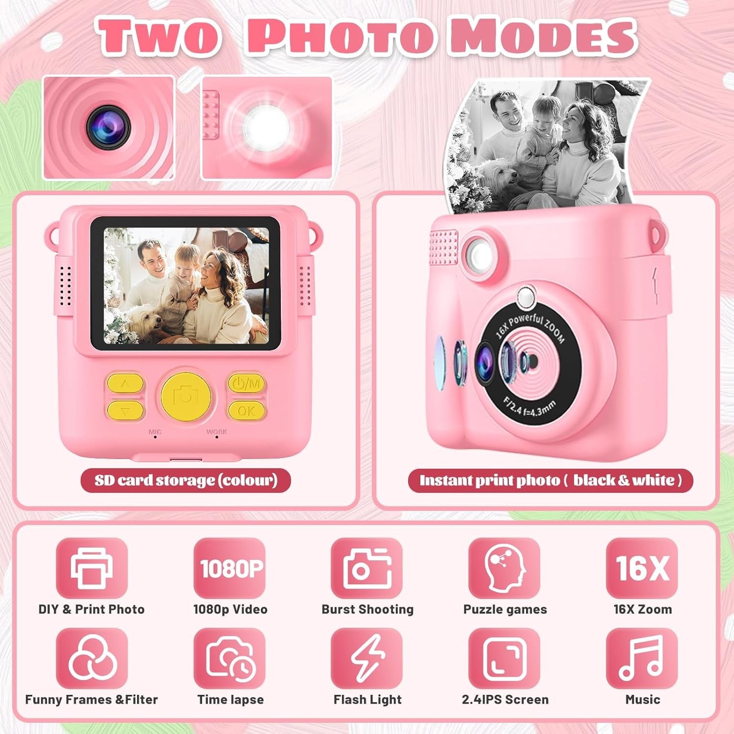 Kids Instant Print Camera Pink 1080P HD Toy Camera Gift for Girls 3–10 Years