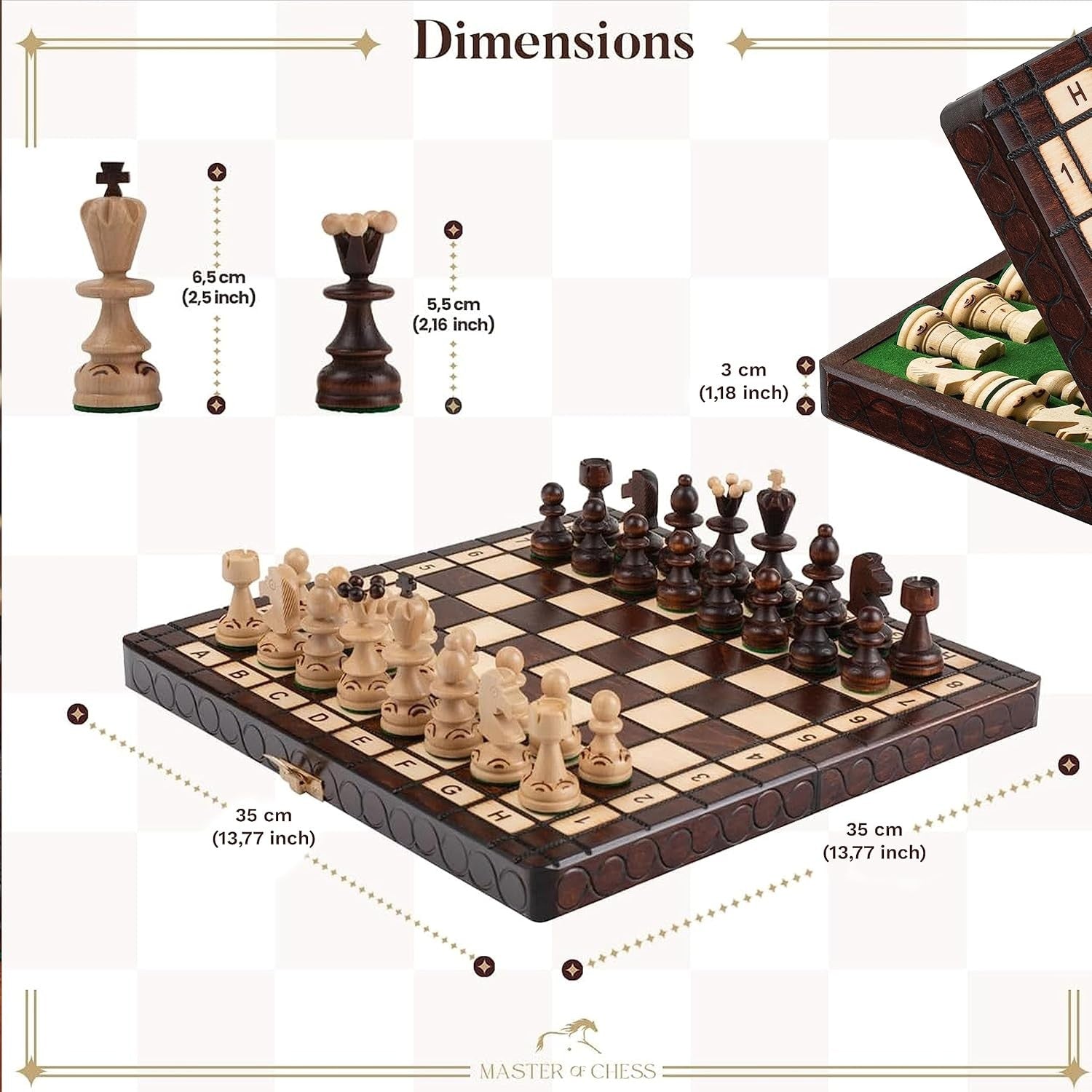 35cm Handcrafted Wooden Chess Set | Foldable Board | Classic Travel Set for Adul