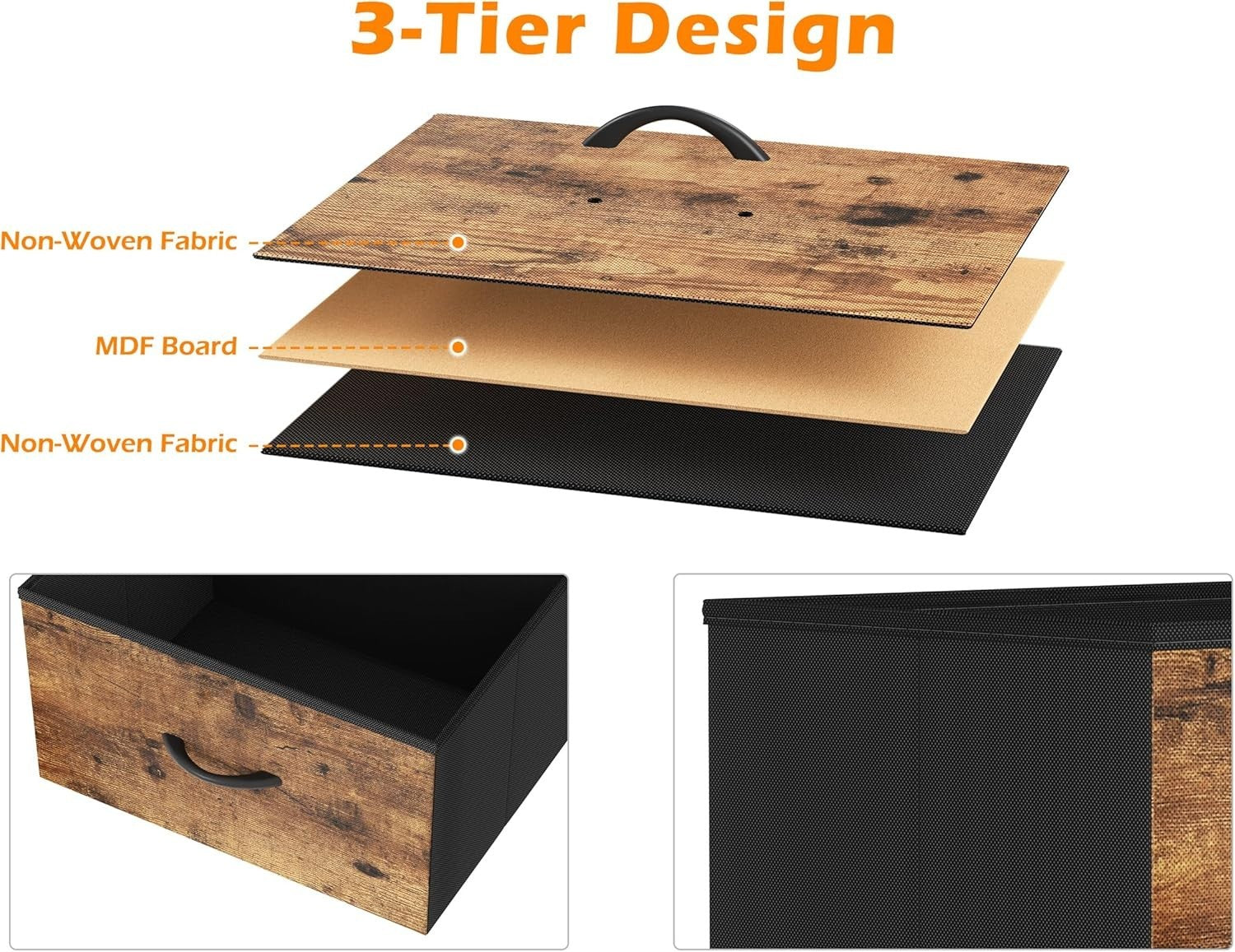 Set of 2 Rustic Brown Bedside Tables with Metal Frame & Fabric Drawers