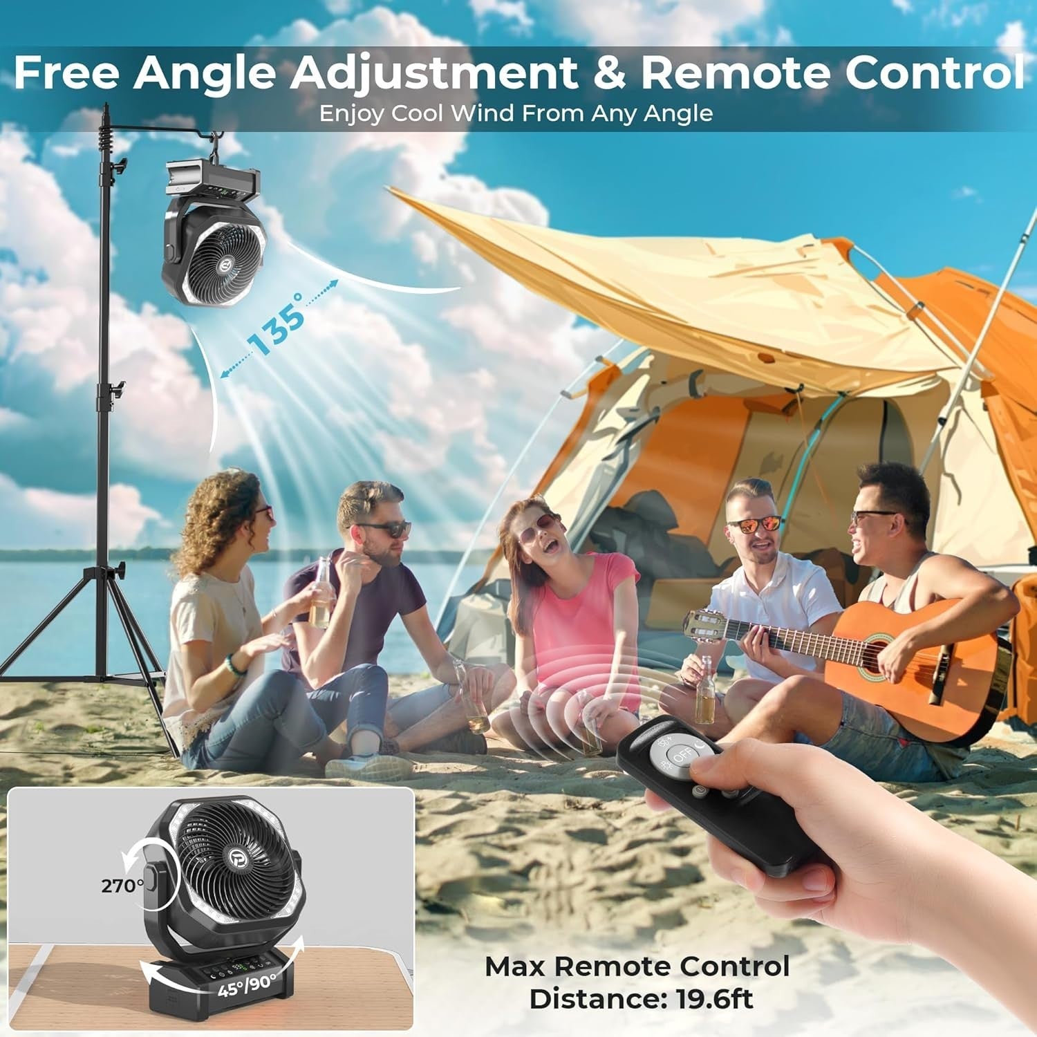 Black Camping Fan – 20000mAh Rechargeable w/ LED Light, 9 Speeds & Remote Timer