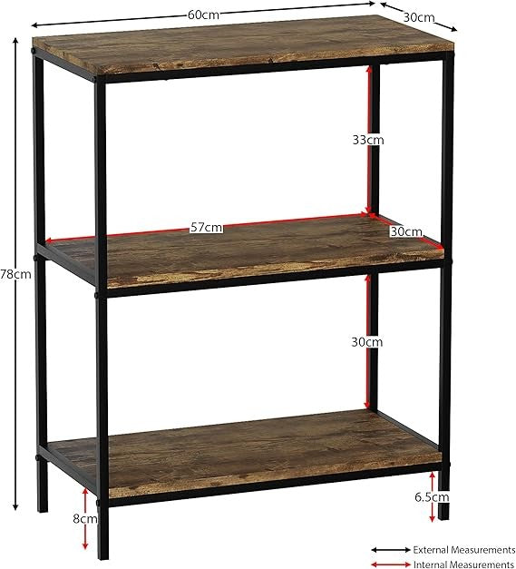 3 Tier Industrial Bookcase Shelf Unit Rustic Wood Metal Storage Display Stand