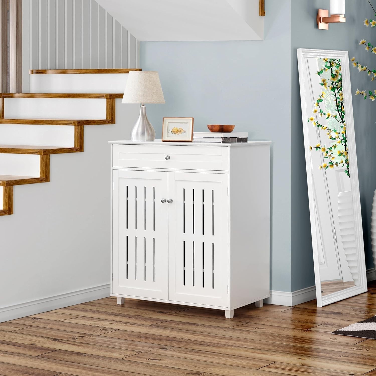 Modern White Shoe Cabinet Storage Unit with Drawer & 2 Doors – 4 Tier