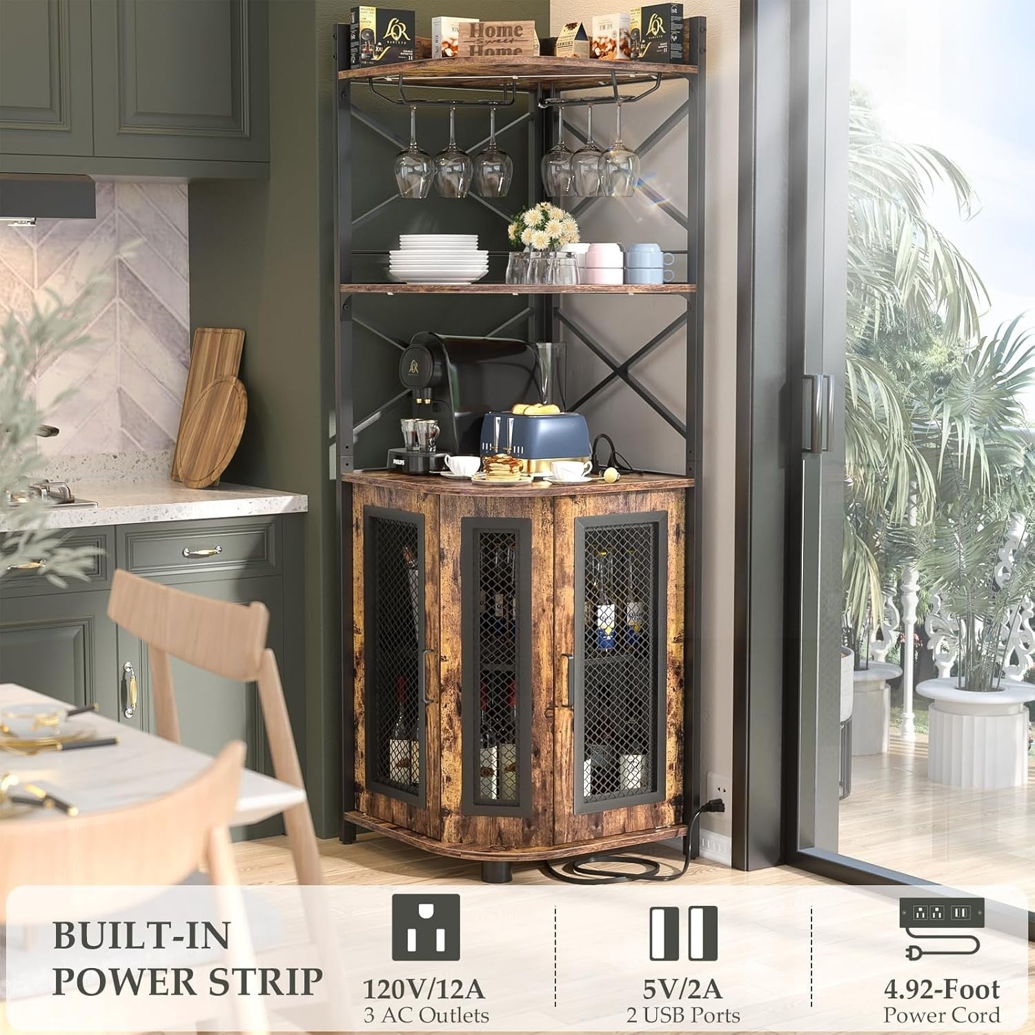 Corner Bar Cabinet with LED Lights & Power Outlets, 5-Tier Rustic Liquor Display