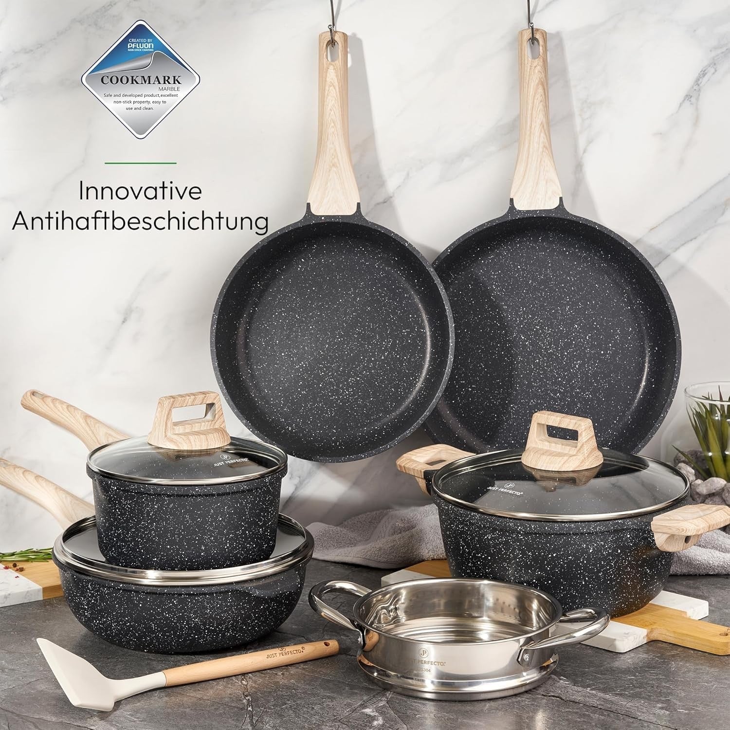 14pcs Black Granite Non Stick Cookware Set Induction Safe Pot and Pans with Lid