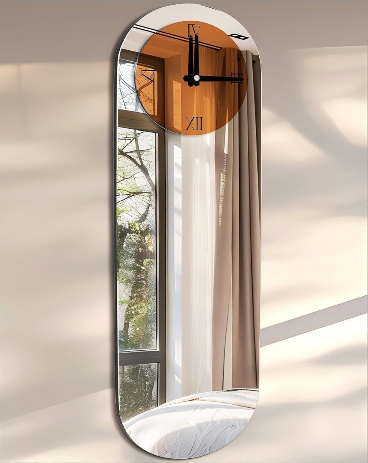 Large Silver & Brown Arched Wall Clock - Modern Roman Numerals Silent Timepiece