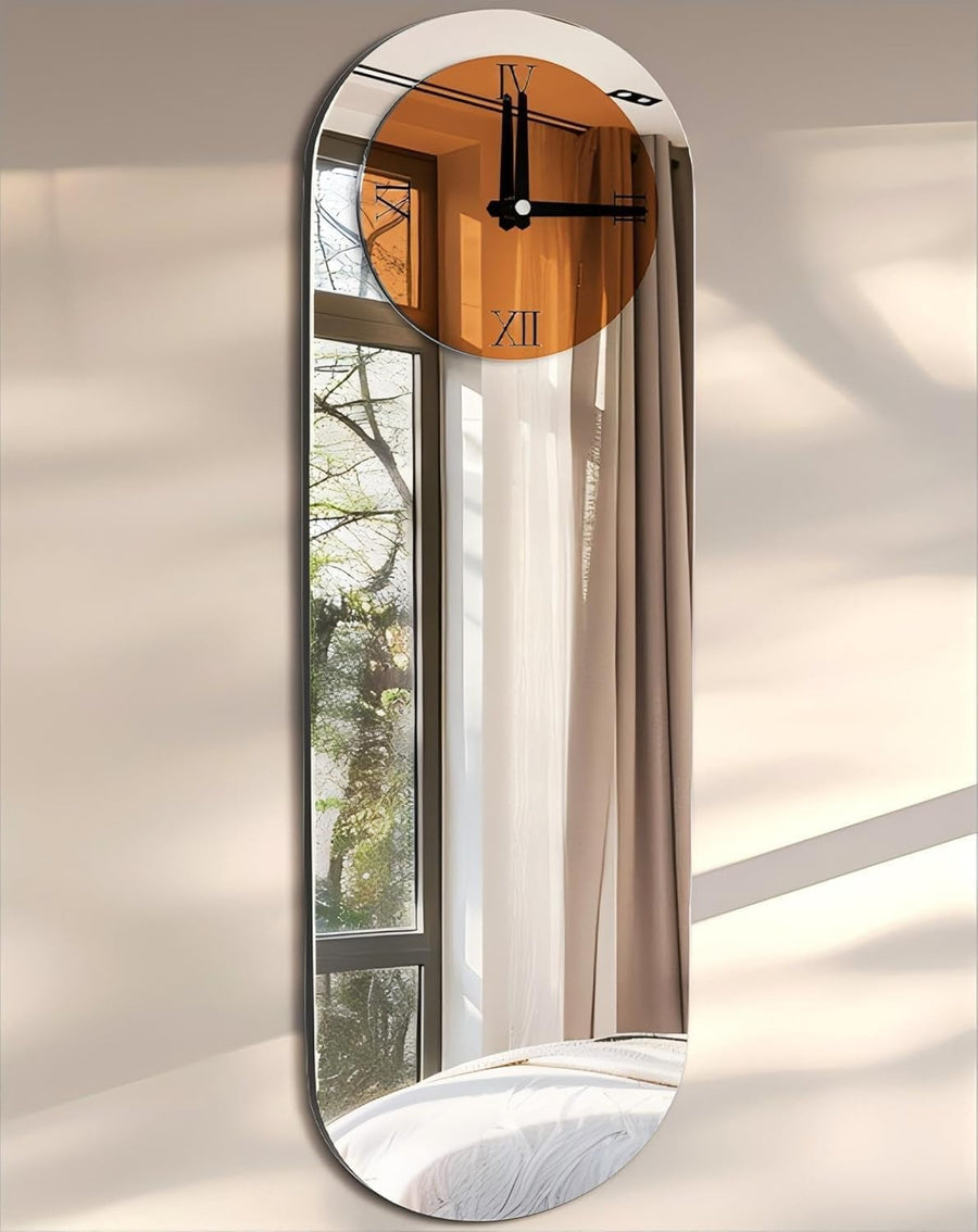 Large Silver & Brown Arched Wall Clock - Modern Roman Numerals Silent Timepiece