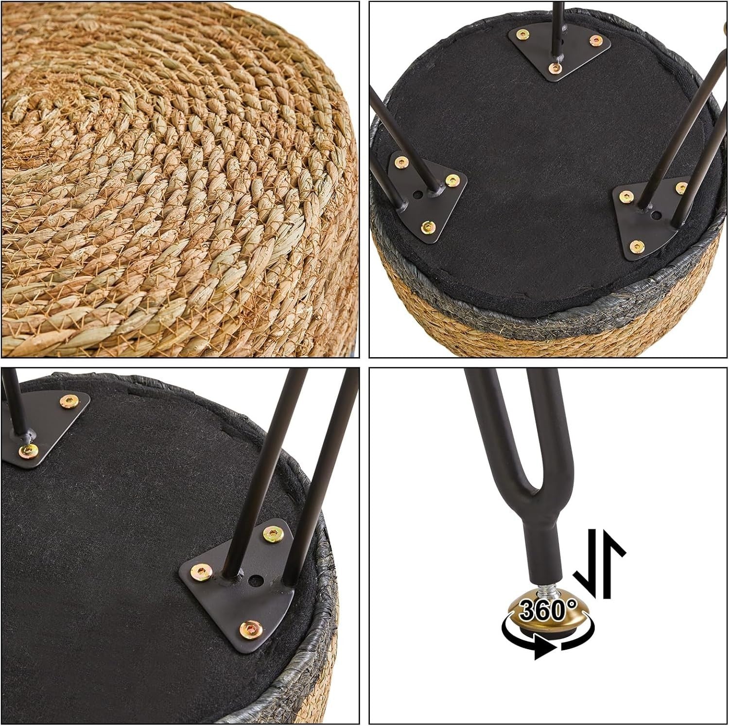 Black Seagrass Woven Footstool Pastoral Round Stool Metal Legs 32×32×45cm