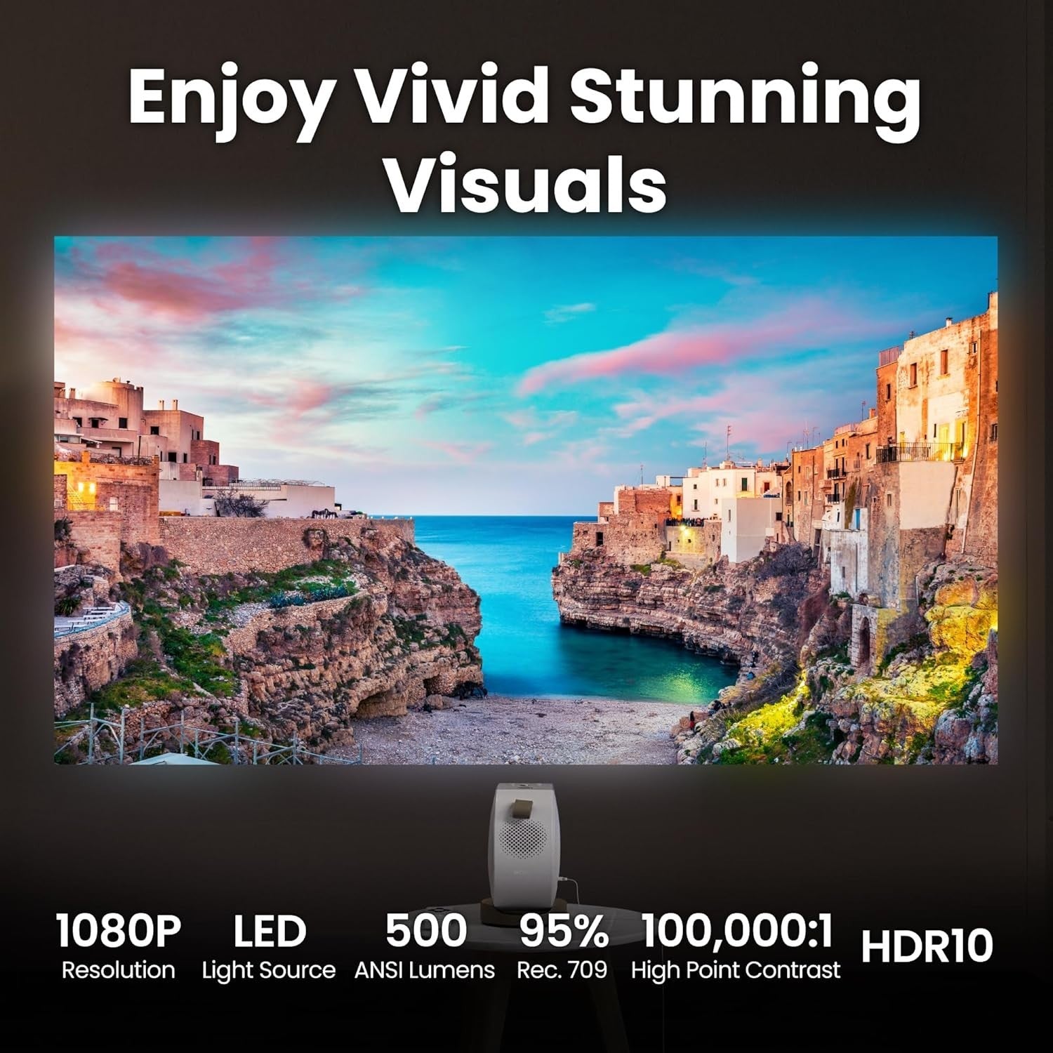 Portable 1080P Projector 500 ANSI Google TV Netflix HDR Ceiling